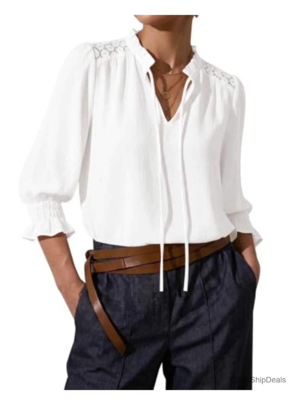 Womens Peasant Blouse 3/4 Sleeve Ruffle V-Neck Embroidered Top